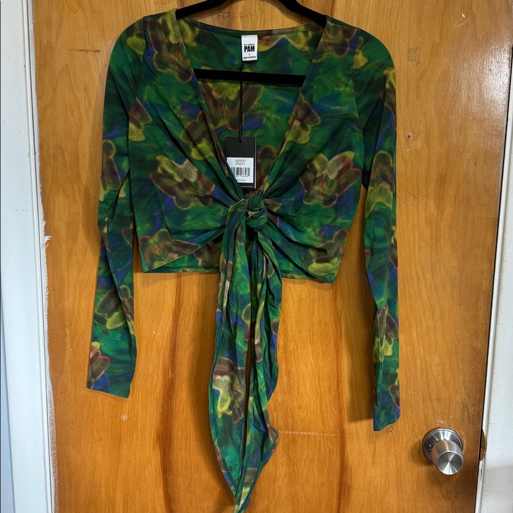 Re/Done x Pam Anderson Wrap Tie Top - Green Butterfly - Picture 5 of 8